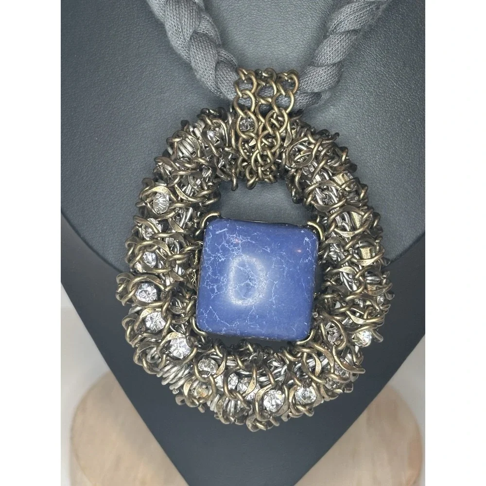 Artisan Statement Necklace Blue Glass Cabochon Rhinestone Pendant Boho